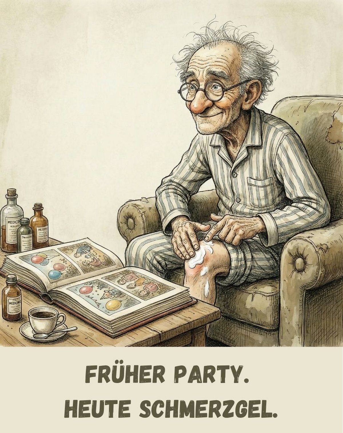 Kühlschrankmagnet Rentner: Früher Party. Heute Schmerzmittel (Nr. 070)