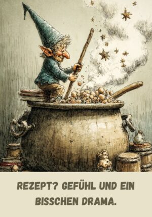 Kühlschrankmagnet Wichtel: Rezept? Gefühl und ein bisschen Drama. (Nr. 128)
