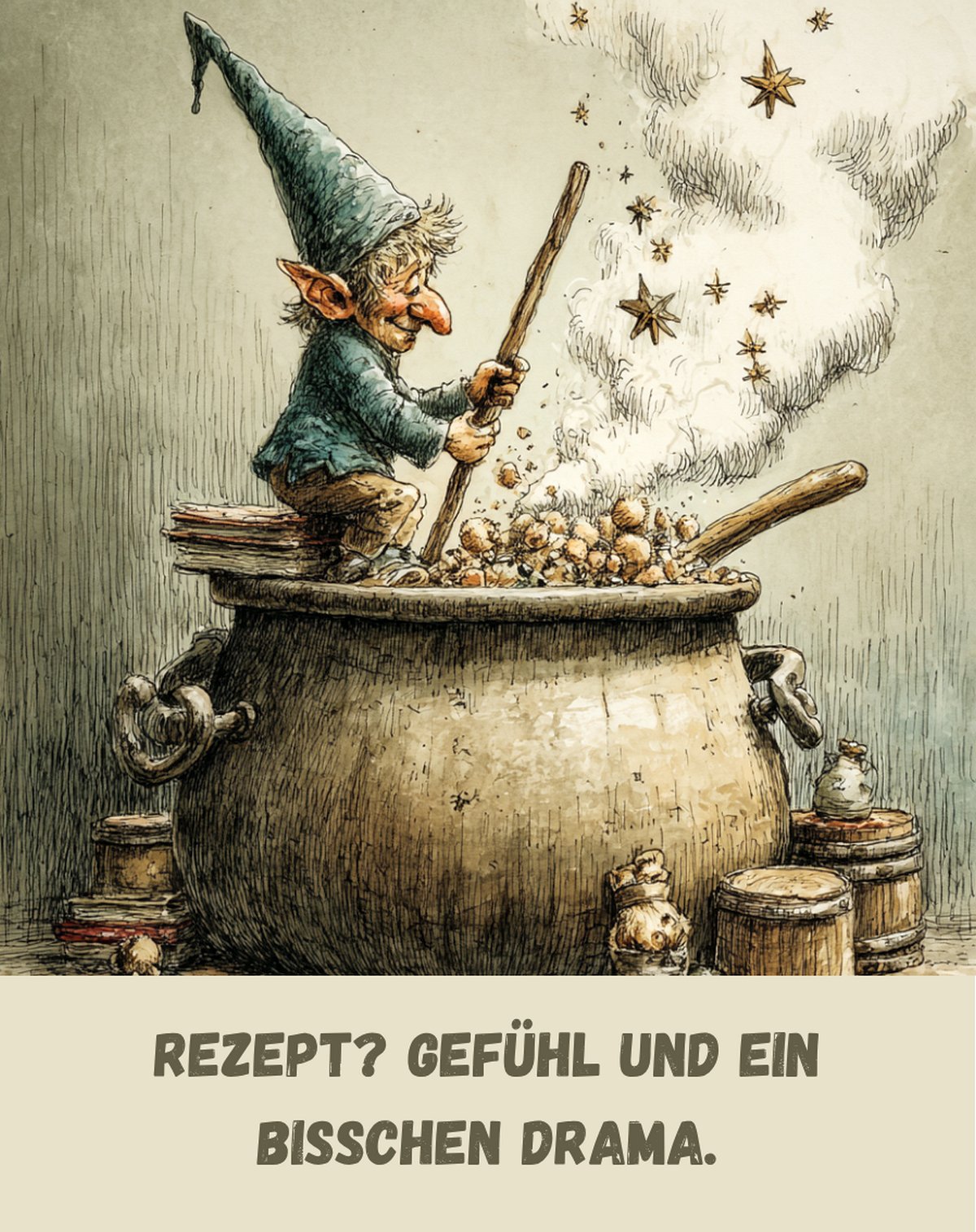 Kühlschrankmagnet Wichtel: Rezept? Gefühl und ein bisschen Drama. (Nr. 128)