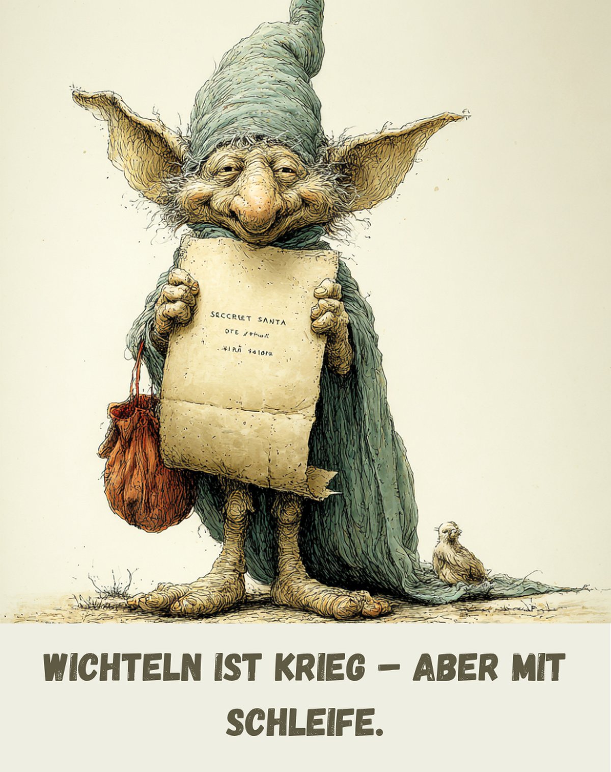 Kühlschrankmagnet Wichtel: Wichteln ist Krieg – aber mit Schleife. (Nr. 134)