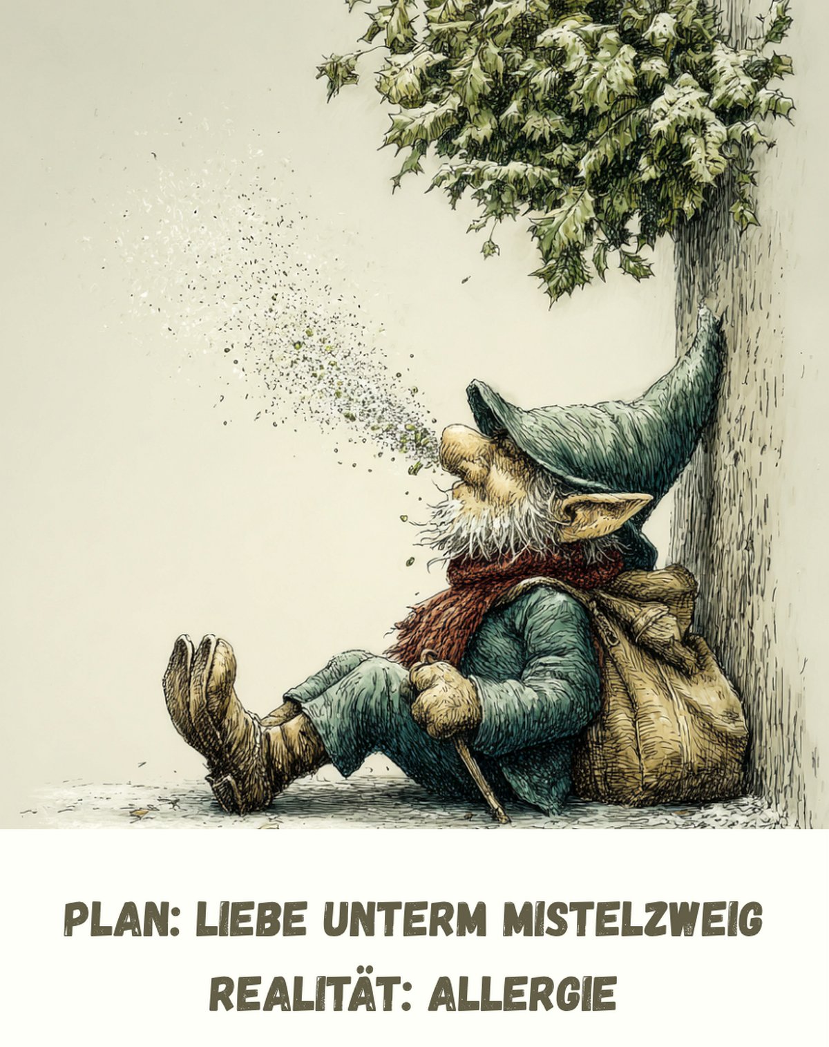 Kühlschrankmagnet Wichtel: Plan: Liebe unterm Mistelzweig. Realität: Allergie (Nr. 135)