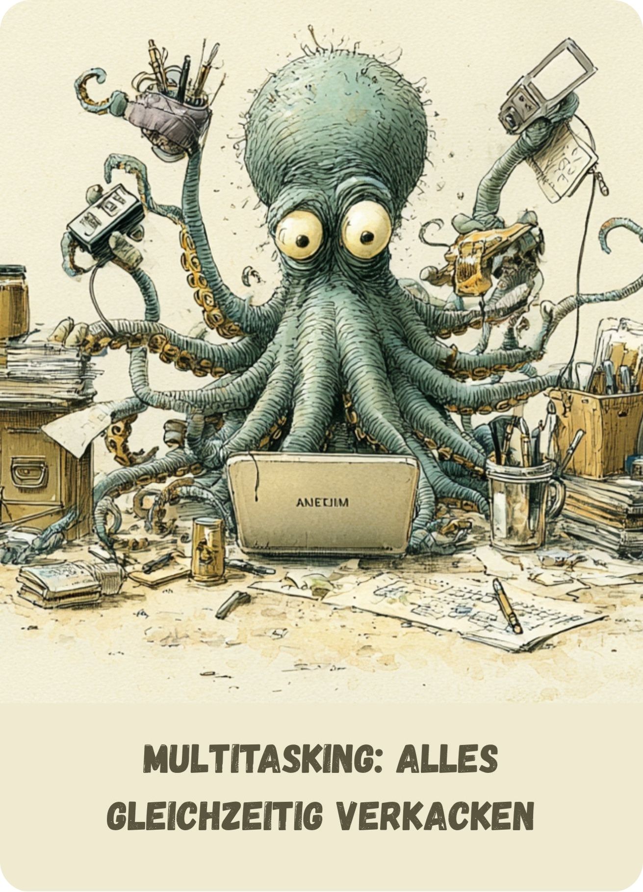 Postkarte Krake: Multitasking: Alles gleichzeitig Verkacken (Nr. 007)