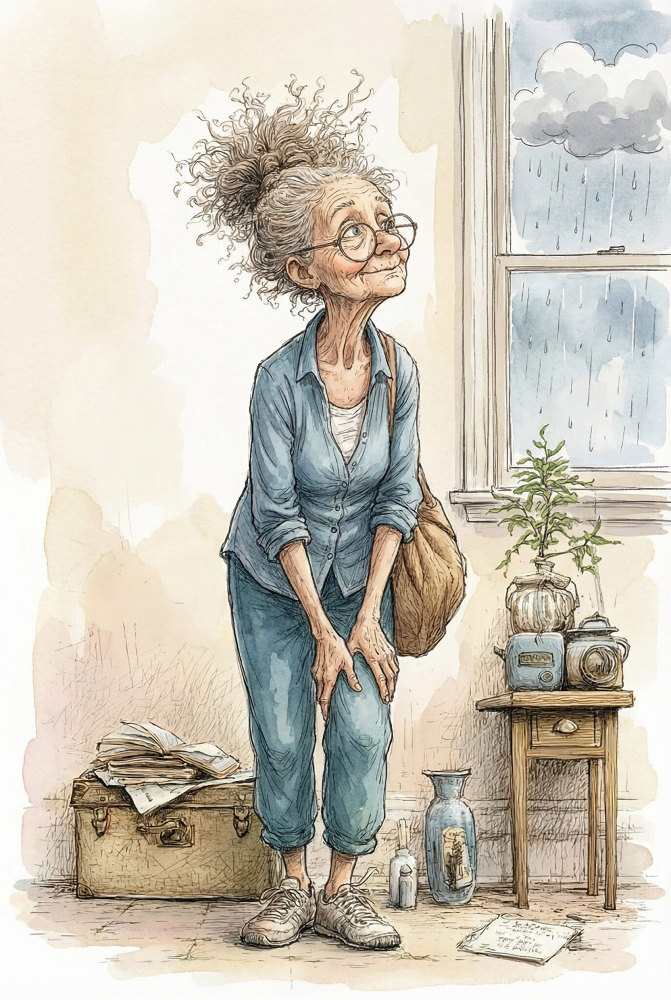 gemini-image-2_wise_elderly_woman_in_her_60s_touching_her_knee_knowing_expression_about_weather-3