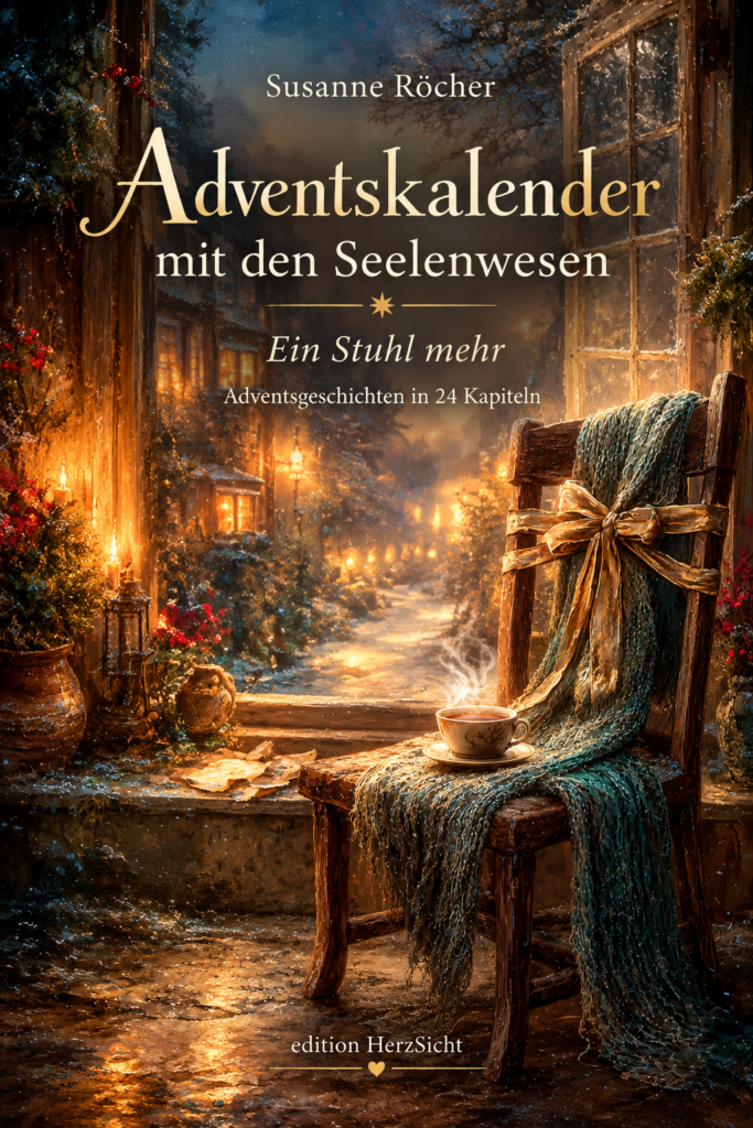 Buchcover Adventskalender mit den Seelenwesen – Ein Stuhl mehr, Stuhl mit Schal und Teetasse vor einem verschneiten Fenster
