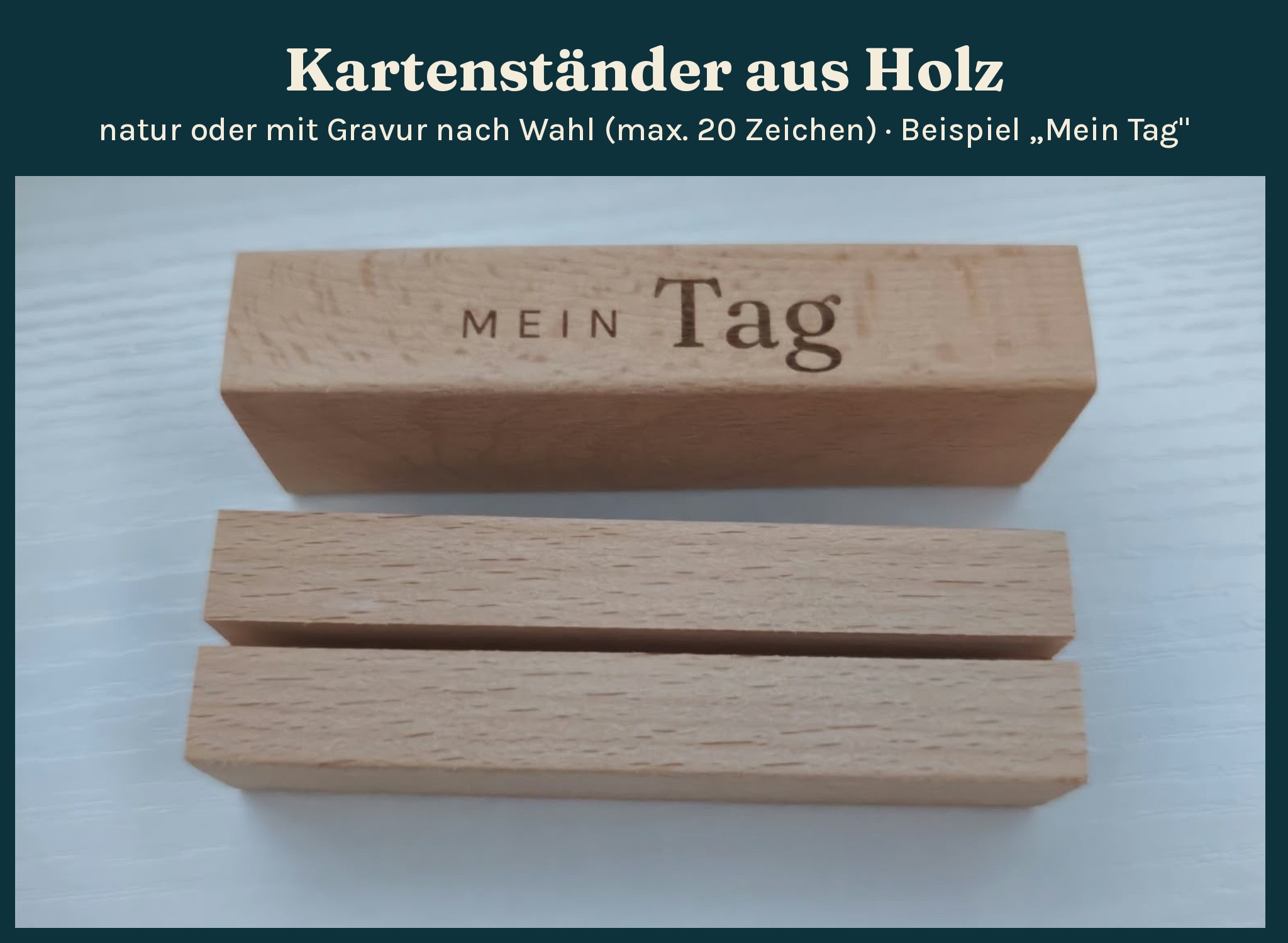 Kartenständer aus Holz – für Orakelkarten, Postkarten und Adventskalender, Gravur nach Wahl
