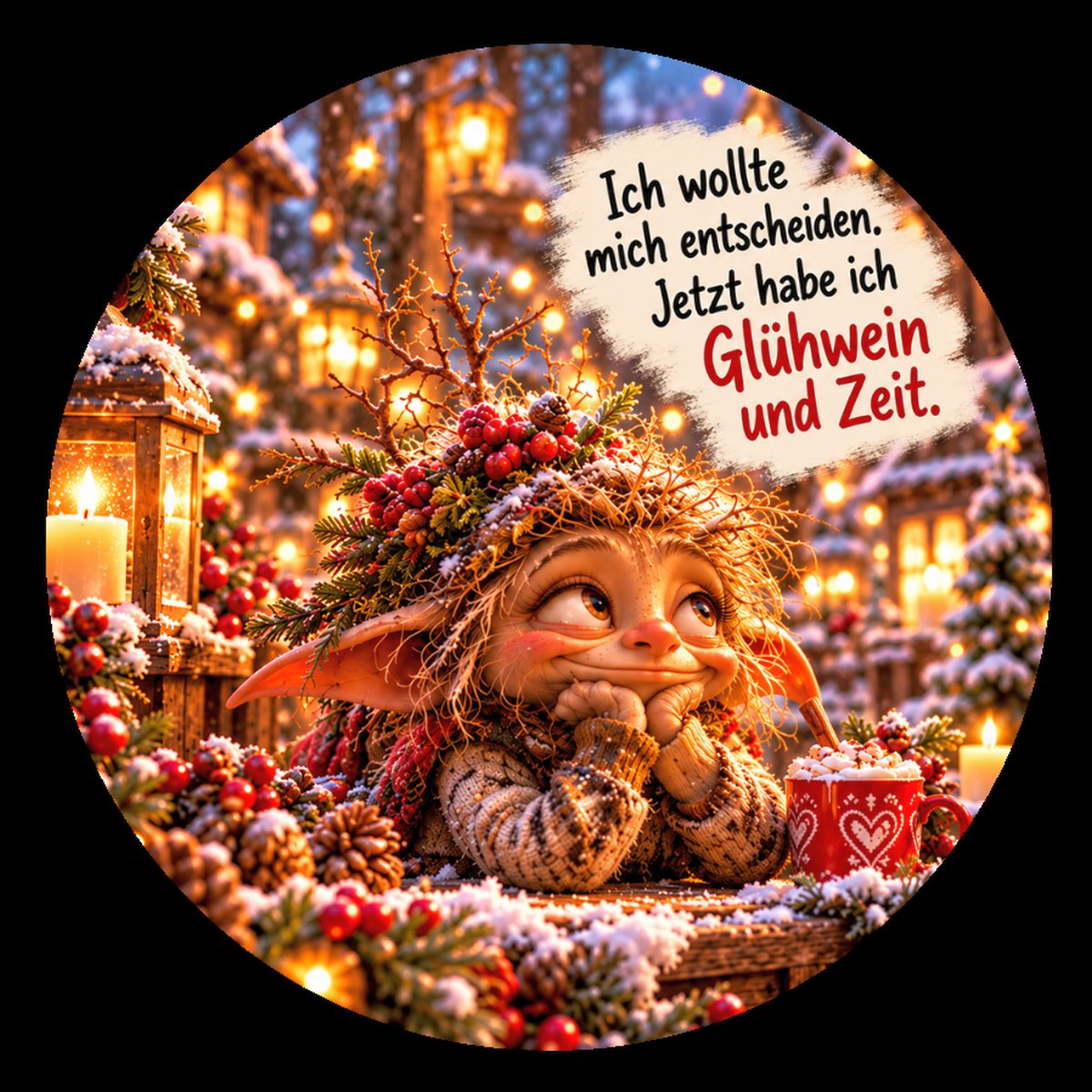 Runder Kühlschrankmagnet Die Eigentlichs: Ich wollte mich entscheiden. Jetzt hab ich Glühwein und Zeit. (Nr. 287)