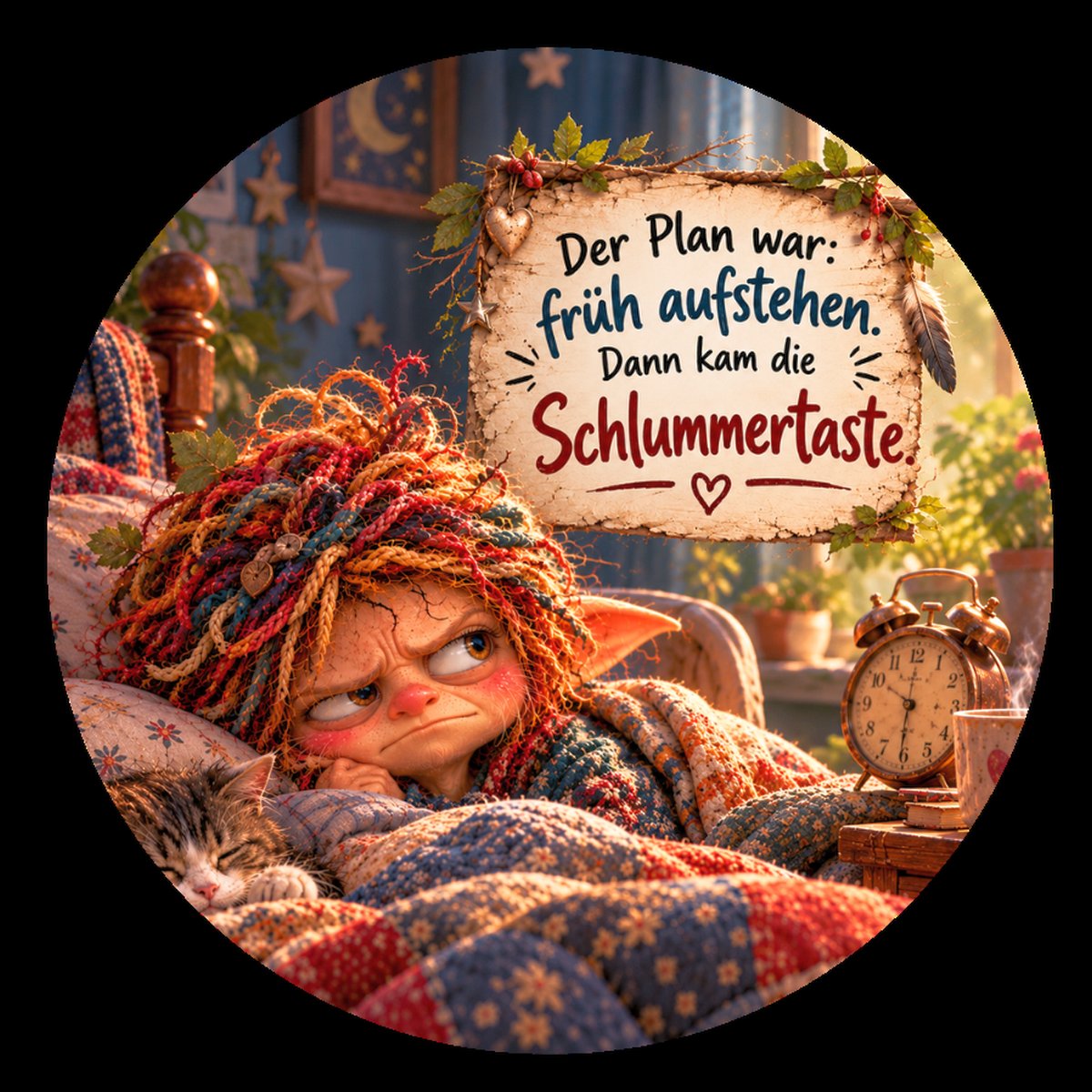 Runder Kühlschrankmagnet Die Eigentlichs: Der Plan war: früh aufstehen. Dann kam die Schlummertaste. (Nr. 289)