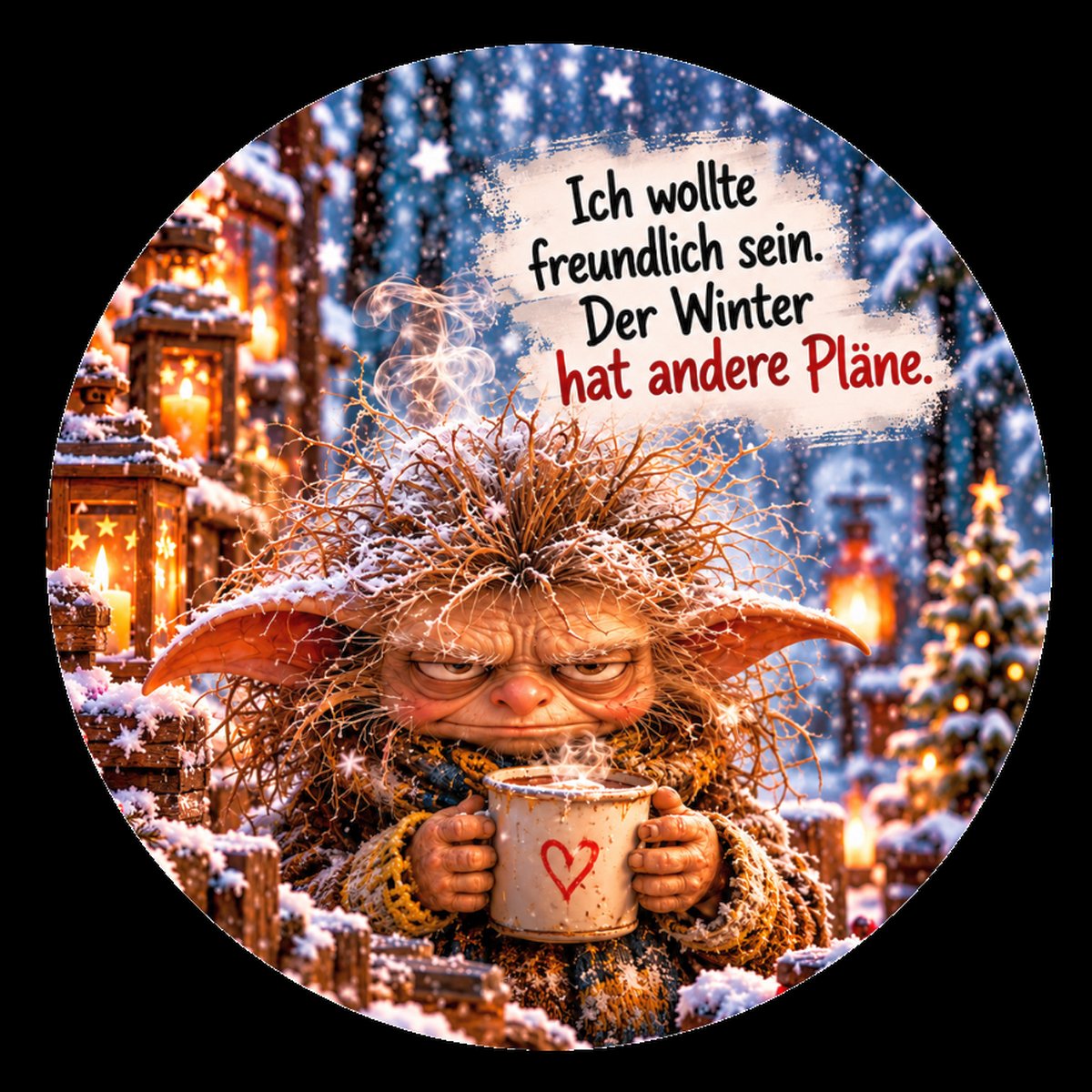 Runder Kühlschrankmagnet Die Eigentlichs: Ich wollte freundlich sein. Der Winter hat andere Pläne. (Nr. 291)