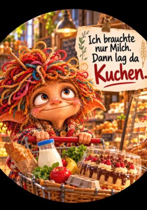 Runder Kühlschrankmagnet Die Eigentlichs: Ich brauchte nur Milch. Dann lag da Kuchen. (Nr. 294)
