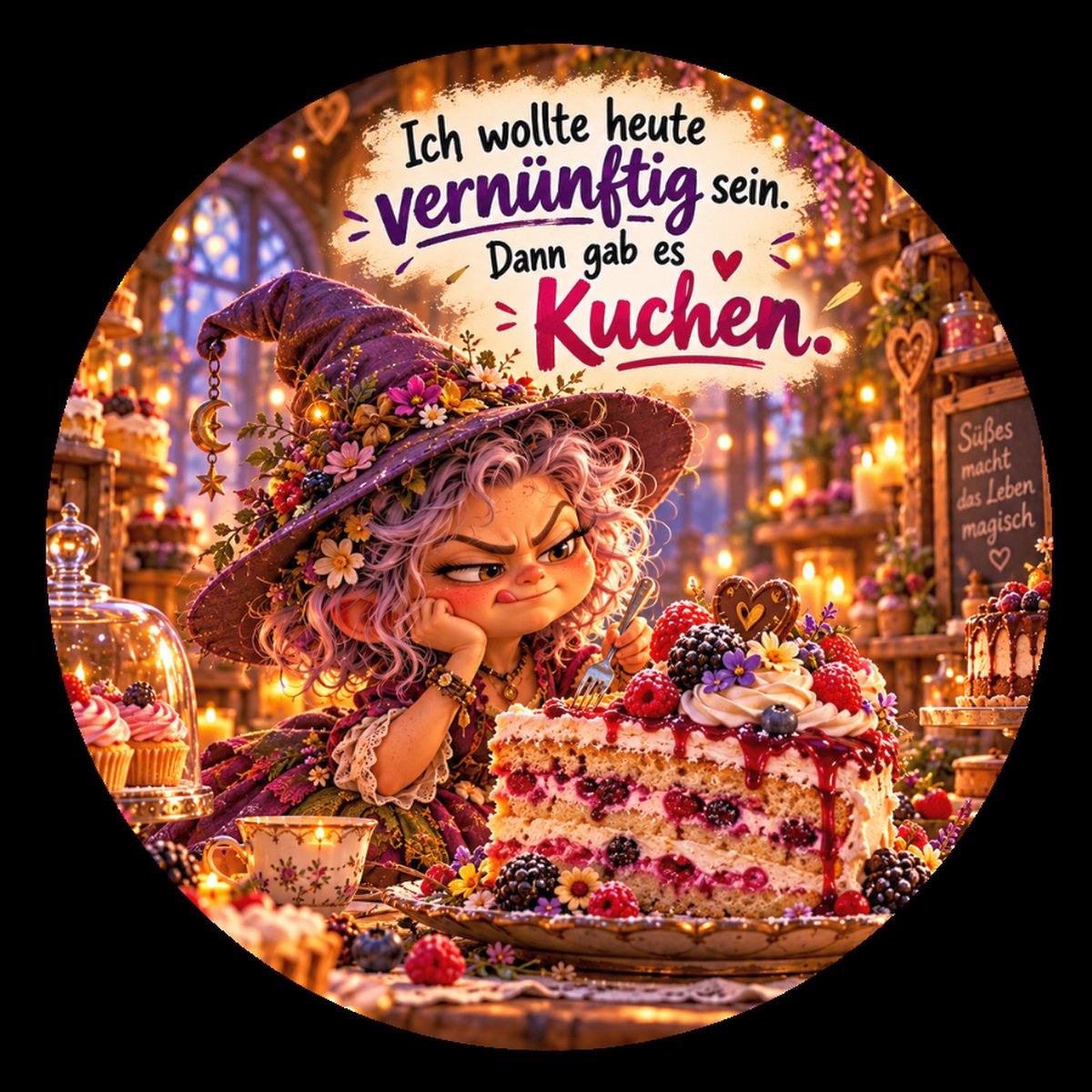 Runder Kühlschrankmagnet Die Eigentlichs: Ich wollte heute vernünftig sein. Dann gab es Kuchen. (Nr. 295)