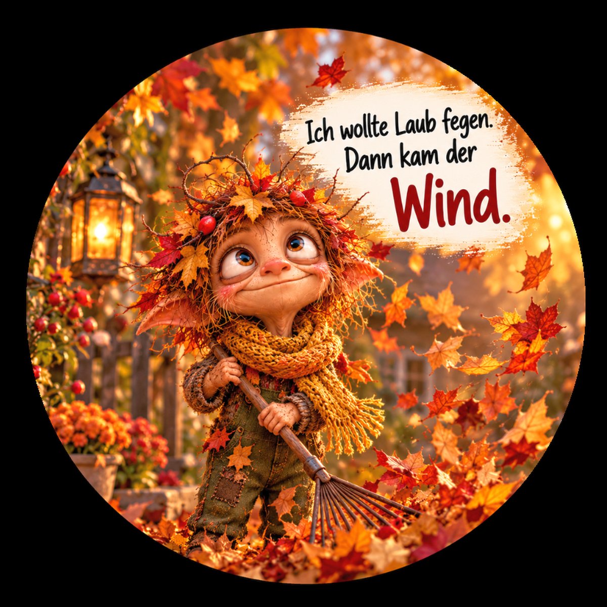 Runder Kühlschrankmagnet Die Eigentlichs: Ich wollte Laub fegen. Dann kam der Wind. (Nr. 299)