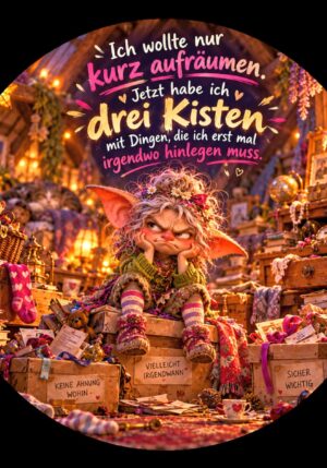 Runder Kühlschrankmagnet Die Eigentlichs: Ich wollte nur kurz aufräumen. Jetzt hab ich drei Kisten mit Dingen, die ich erst mal irgendwo hinlegen muss. (Nr. 300)