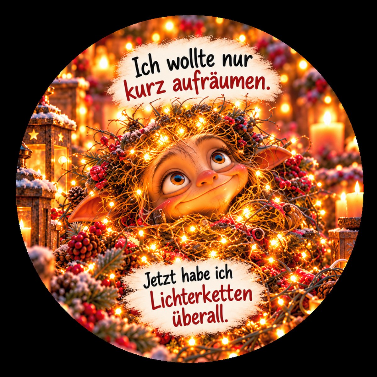 Runder Kühlschrankmagnet Die Eigentlichs: Ich wollte nur kurz aufräumen. Jetzt habe ich Lichterketten überall. (Nr. 302)