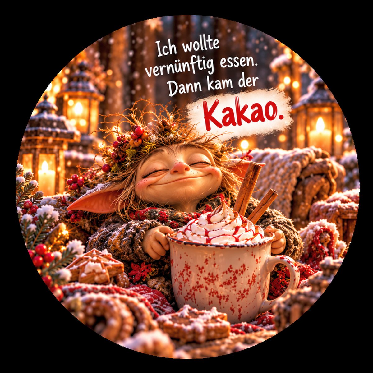 Runder Kühlschrankmagnet Die Eigentlichs: Ich wollte vernünftig essen. Dann kam der Kakao. (Nr. 303)