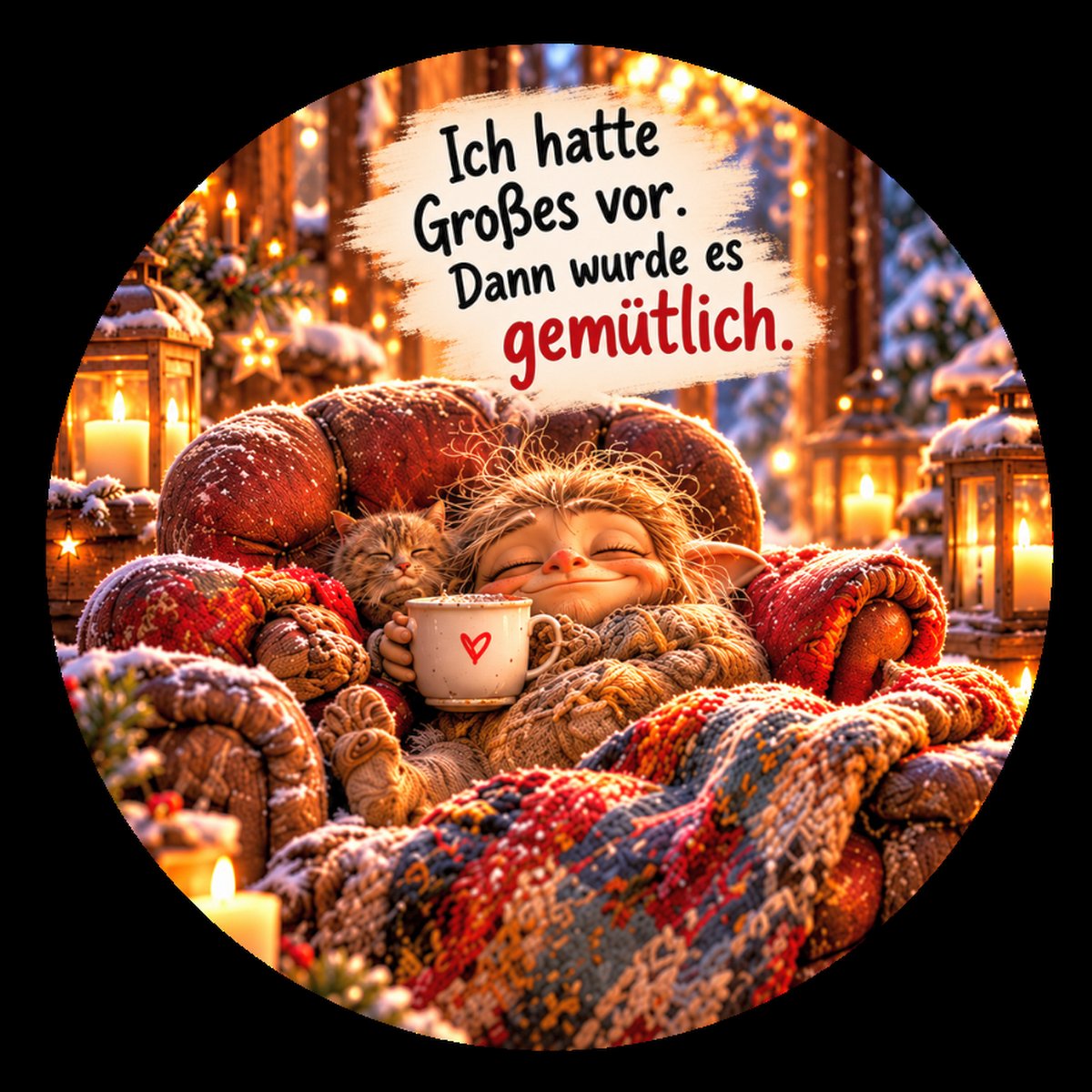Runder Kühlschrankmagnet Die Eigentlichs: Ich hatte Großes vor. Dann wurde es gemütlich. (Nr. 305)