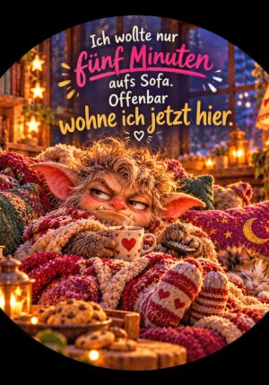 Runder Kühlschrankmagnet Die Eigentlichs: Ich wollte nur fünf Minuten aufs Sofa. Offenbar wohne ich jetzt hier. (Nr. 306)
