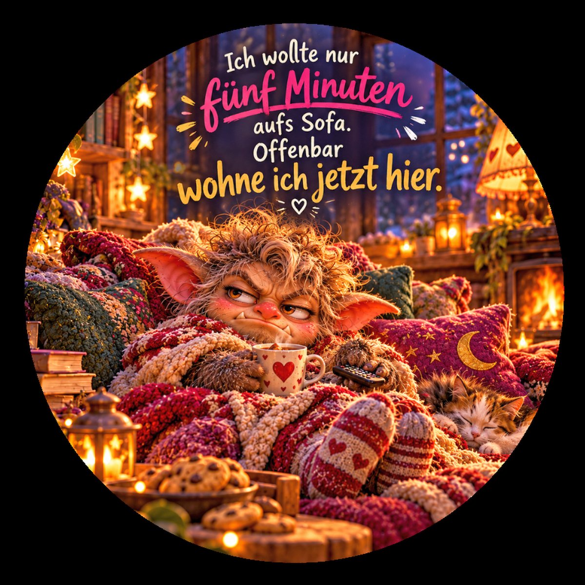 Runder Kühlschrankmagnet Die Eigentlichs: Ich wollte nur fünf Minuten aufs Sofa. Offenbar wohne ich jetzt hier. (Nr. 306)