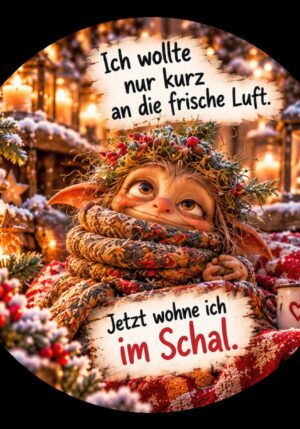 Runder Kühlschrankmagnet Die Eigentlichs: Ich wollte nur kurz an die frische Luft. Jetzt wohne ich im Schal. (Nr. 307)