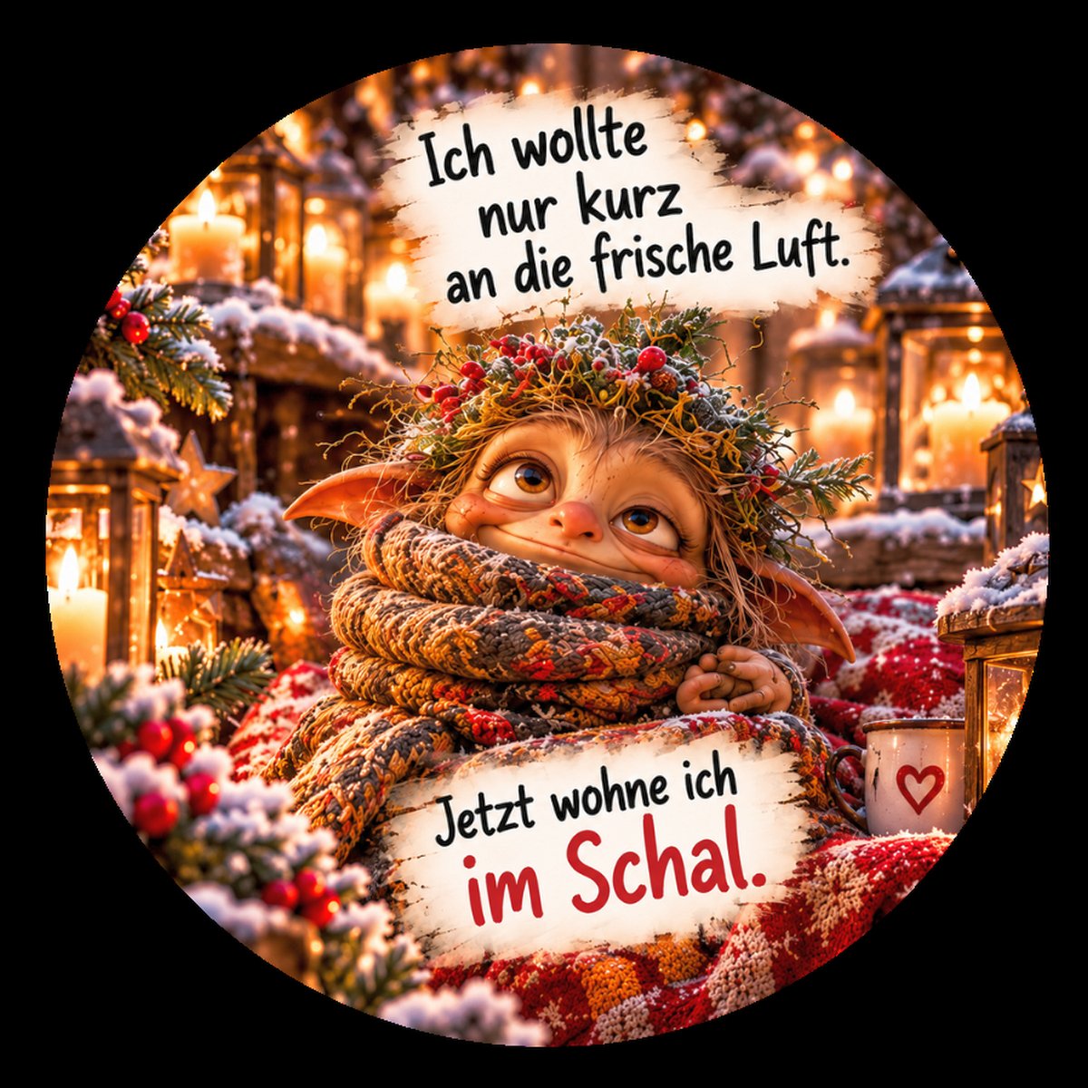 Runder Kühlschrankmagnet Die Eigentlichs: Ich wollte nur kurz an die frische Luft. Jetzt wohne ich im Schal. (Nr. 307)
