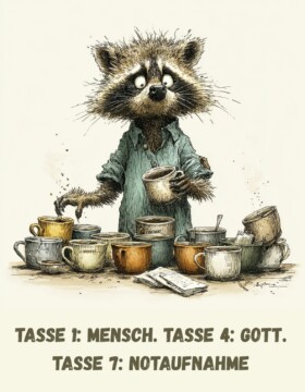 Tasse 1: Mensch. Tasse 4: Gott. Tasse 7: Notaufnahme