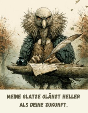 Meine Glatze glänzt heller als deine Zukunft.